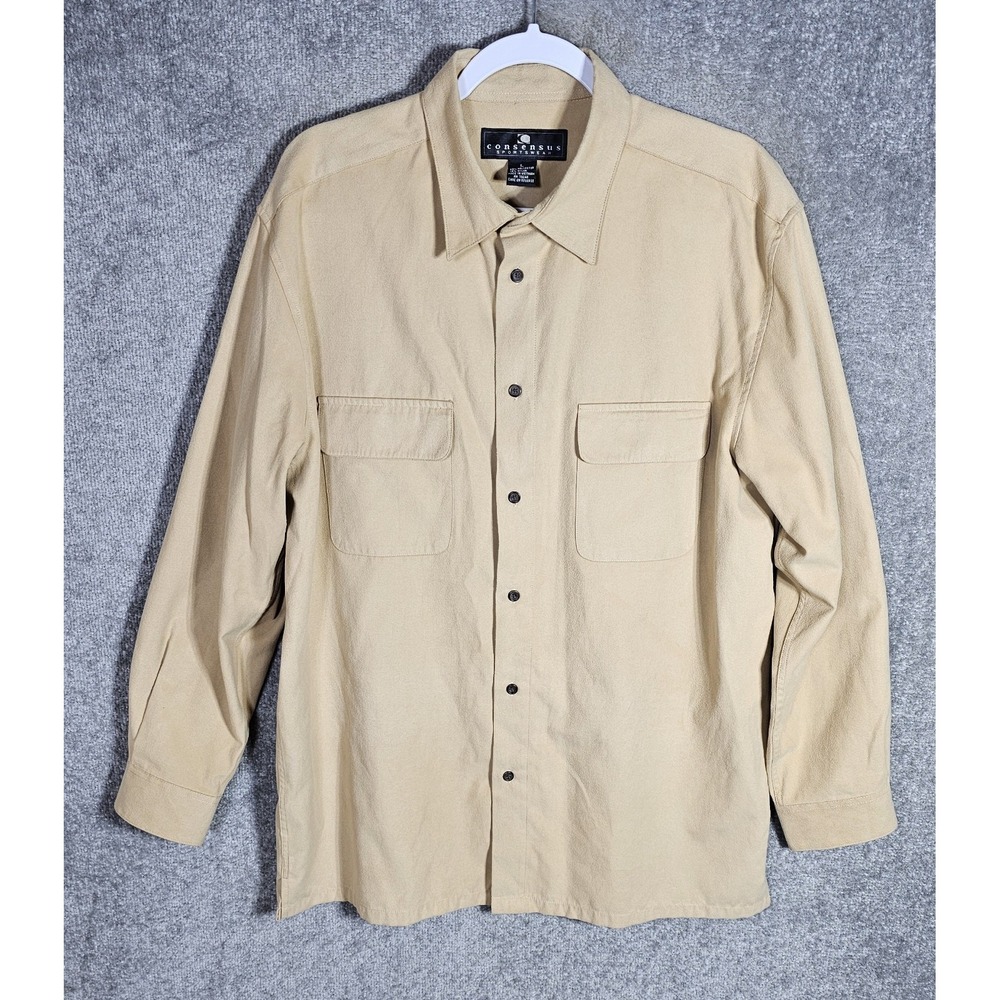Consensus Sportswear Microfiber Button‎ Up Shirt Mens Size Large Tan Long Sleeve